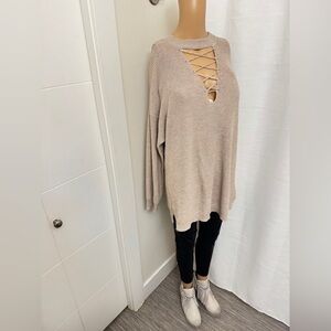 26” ptp Beige Women's Sweater with Crisscross Detail